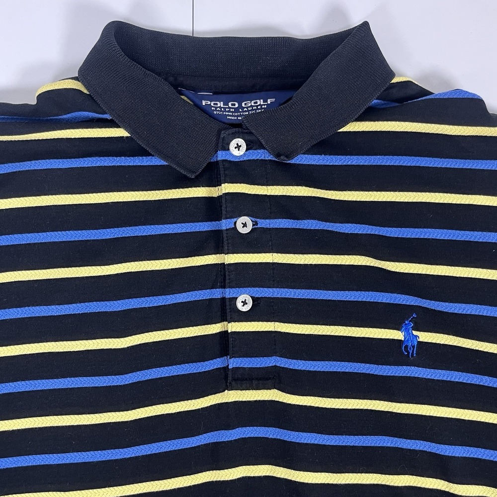Polo Ralph Lauren Golf Fit Yellow and Navy Blue Striped Shirt Size M Men's READ